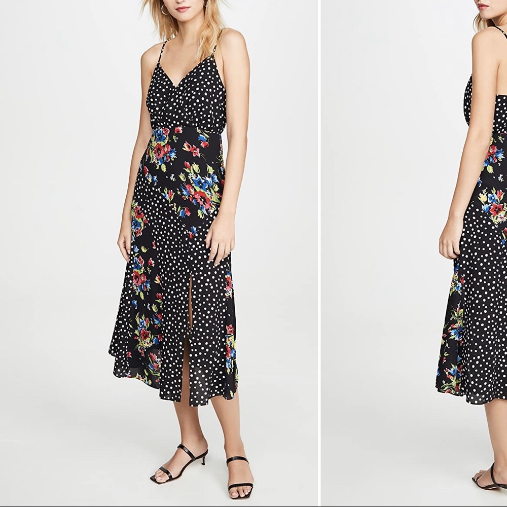 Likely printed midi dress with slit at leg. Great for summer/fall weddings!